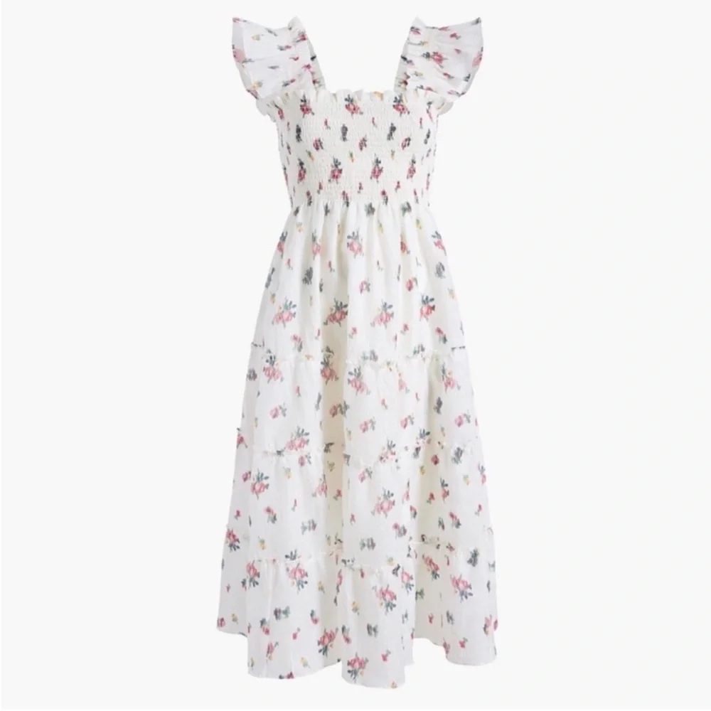 New! HILL HOUSE Ellie Floral Midi Nap Dress in Ivory Crushed Taffeta Ikat - Picture 3 of 15